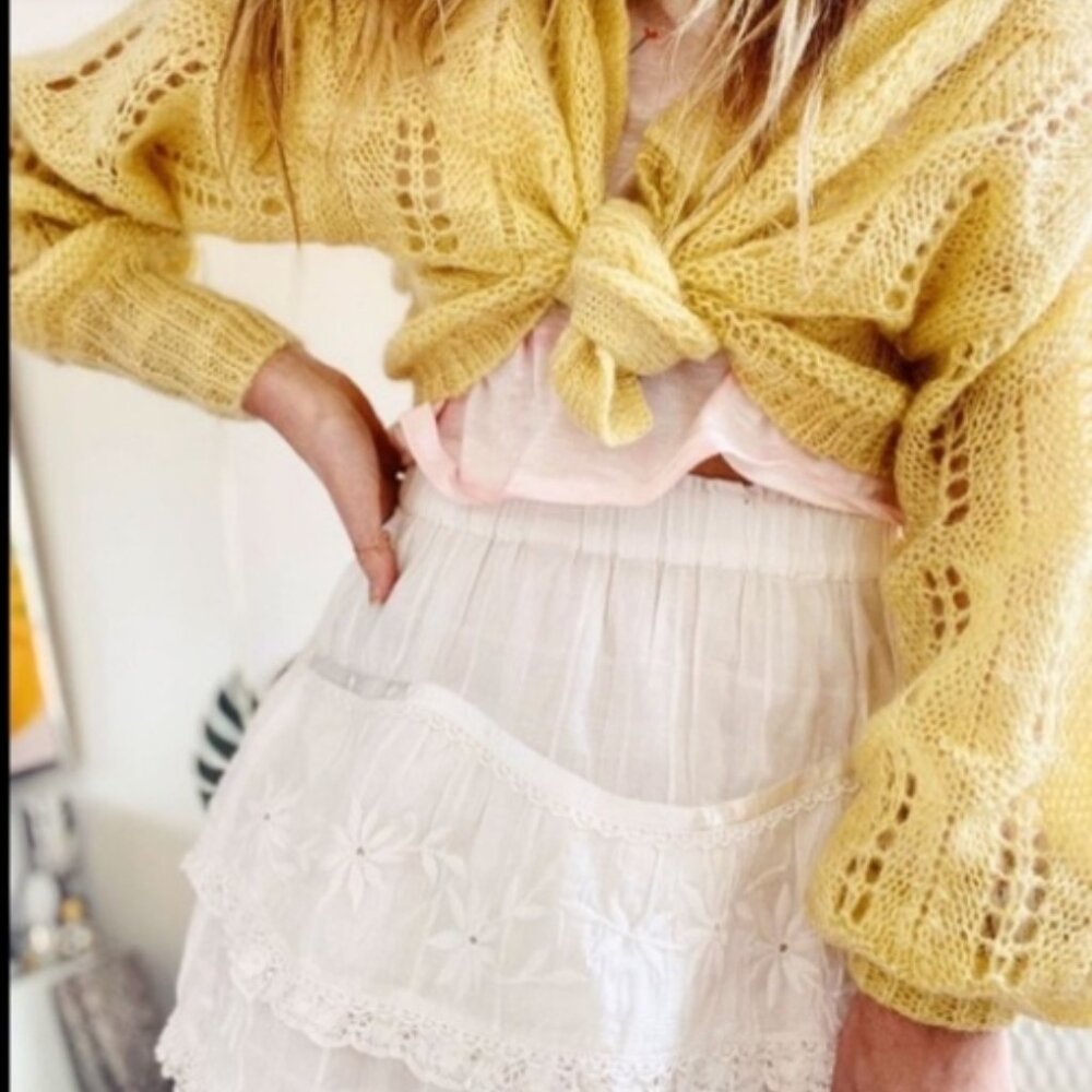 NWOT Loveshackfancy Eugenia Knit Yellow Wool Pointelle Pullover/Sweater M $302